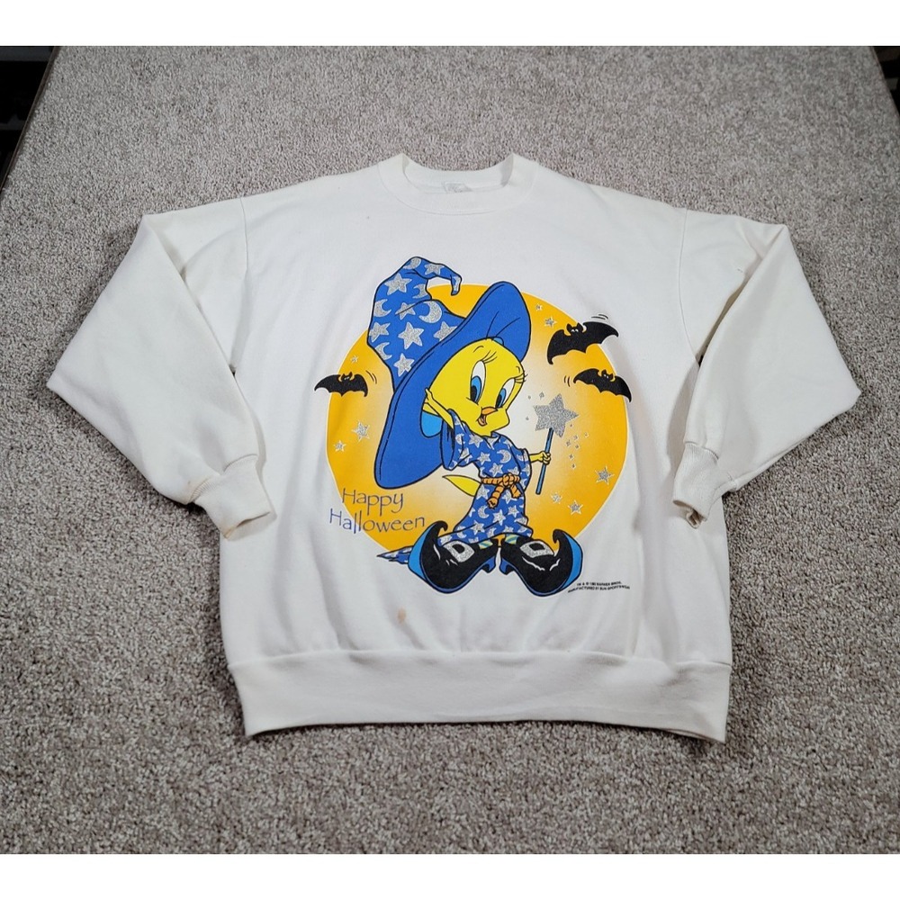 Vintage 90s Tweety Bird Sweatshirt Large White Halloween Witch Bats Spooky USA